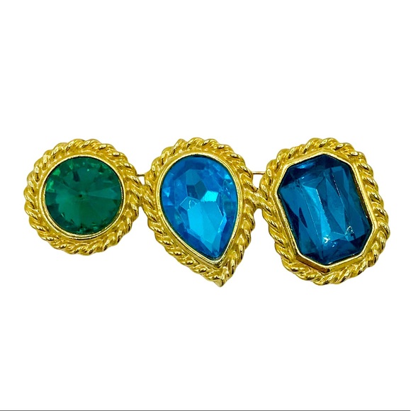 Jewelry - Goldtone Blue Green Stone Brooch